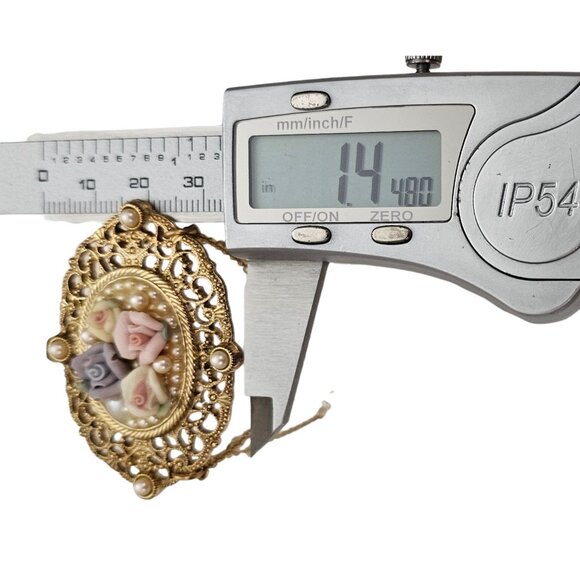 1928 Brand Porcelain Rose Victorian Style Chatelaine Chain Filigree Brooch, L409 - Picture 7 of 8